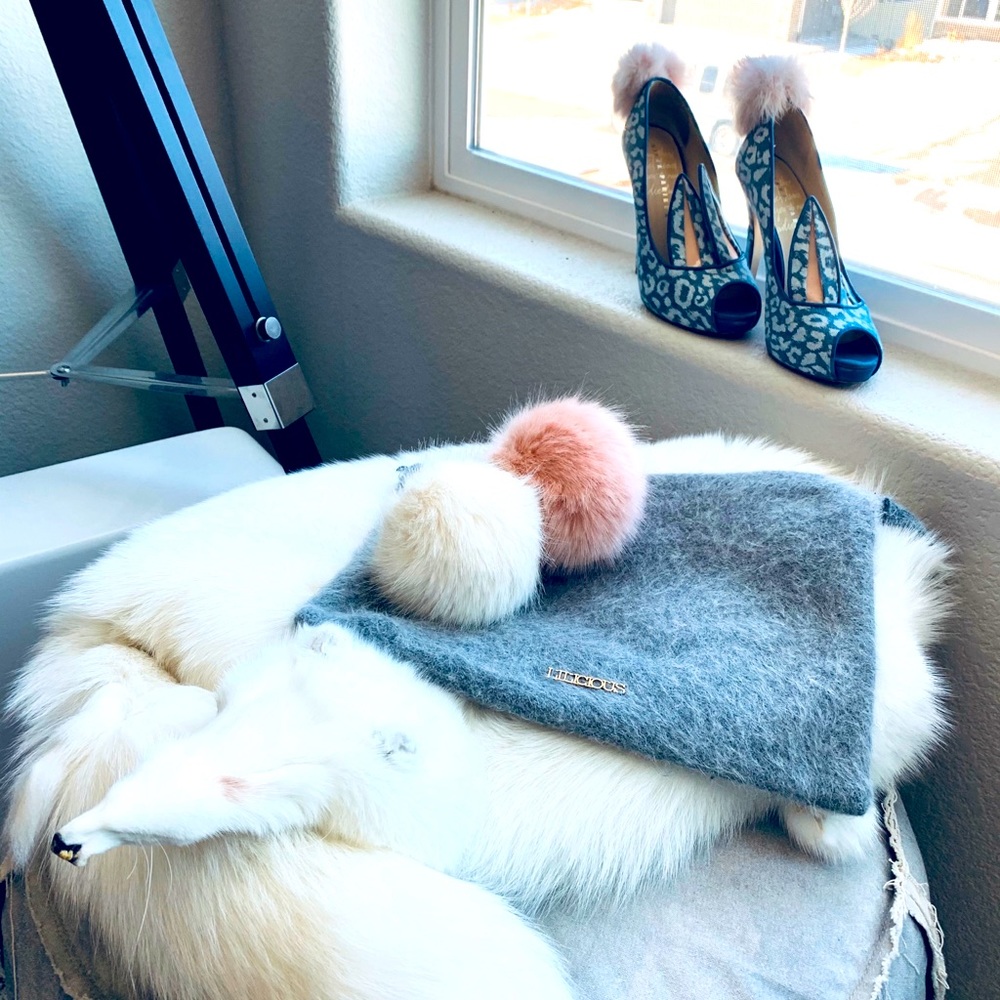 Cashmere Grey Clutch with Pink and White Pompoms